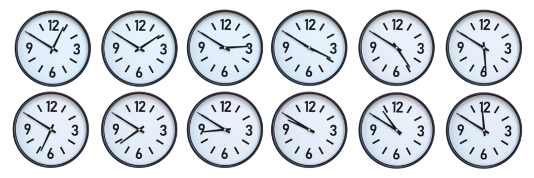 Set of photography of Isolated Minimalist Round Wall Clocks with Black Frames Showing Different Times from 12:50 to 11:50 for Deadline and Time Management Concepts