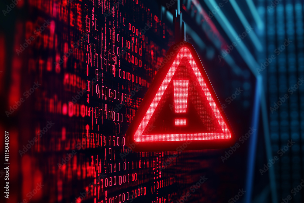 Poster Warning alert notification is showing on screen with binary code in background