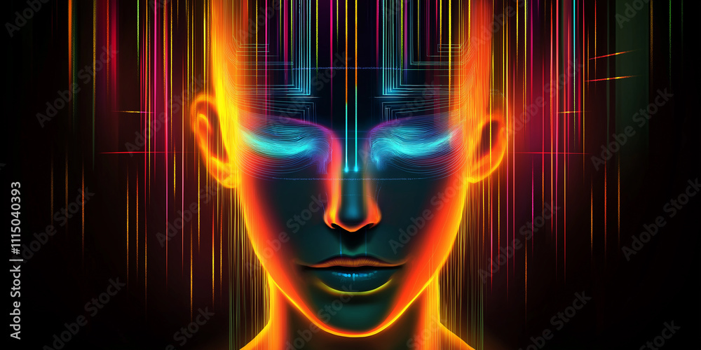 Aufkleber Artificial intelligence face emerging from colorful data stream