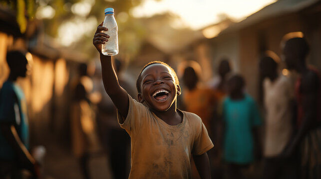 Happy african child holding bottle of clean water in rural village