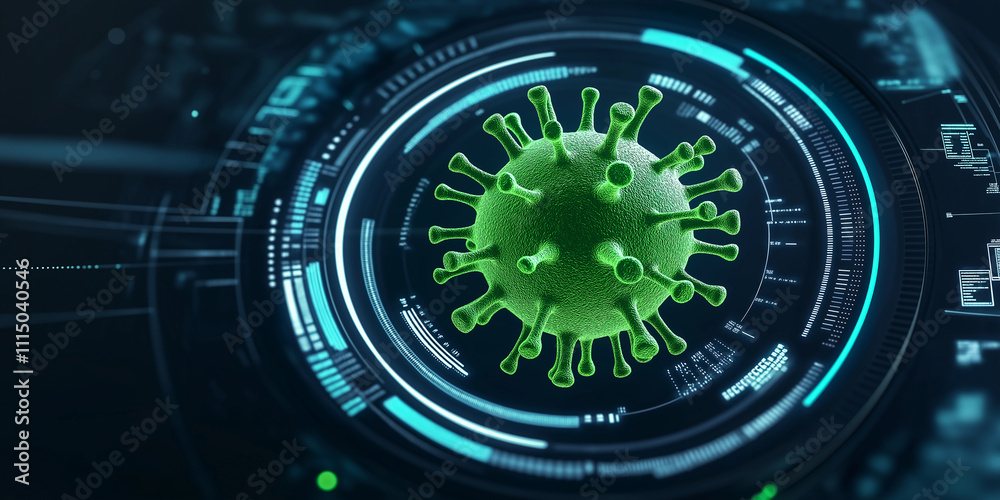 Aufkleber coronavirus under examination: futuristic interface analyzing virus in laboratory setting