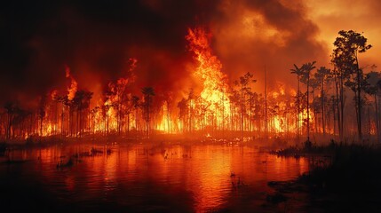 Fires ravaging forests in Borneo, Indonesia, representing the ecological impact of uncontrolled wildfires