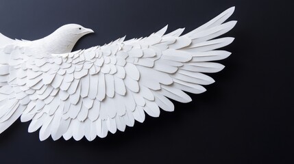 Fototapeta premium Exquisite White Bird Wing Sculpture Crafted from Paper Against a Smooth Black Background Displaying Detailed Feathers and Elegant Curves in Fine Art Form