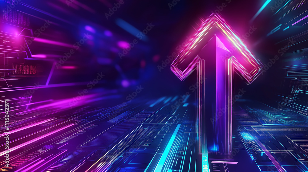Poster glowing upward arrow representing growth in futuristic digital environment
