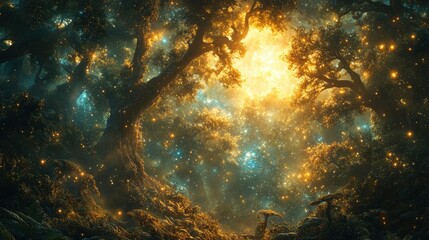 Obraz premium Enchanted forest illuminated by golden light