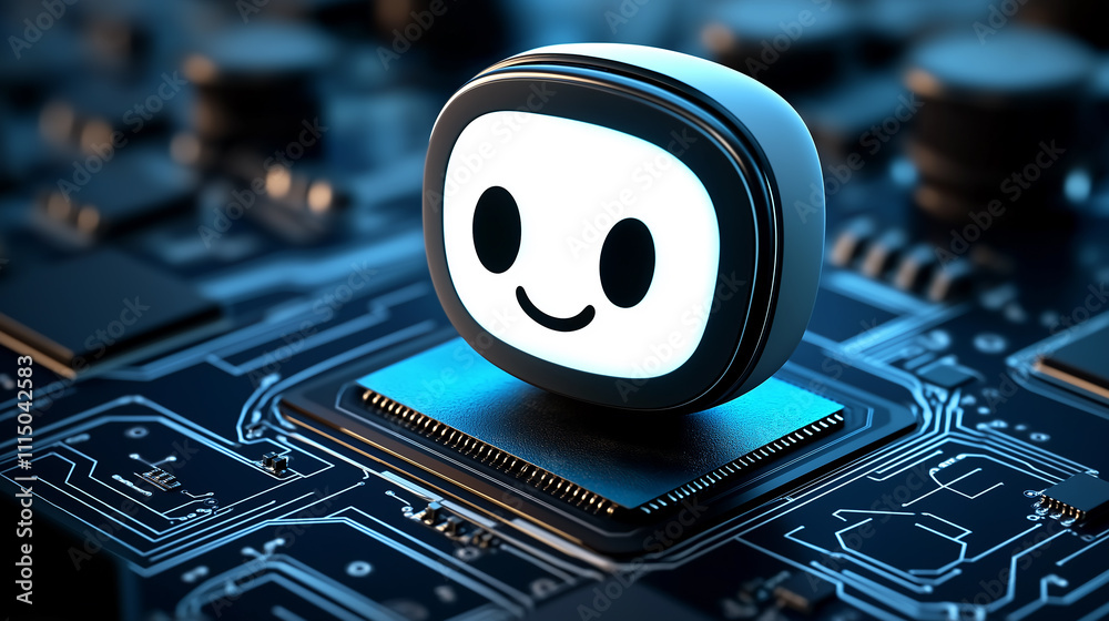 Poster Cute ai robot character smiling on computer motherboard chip