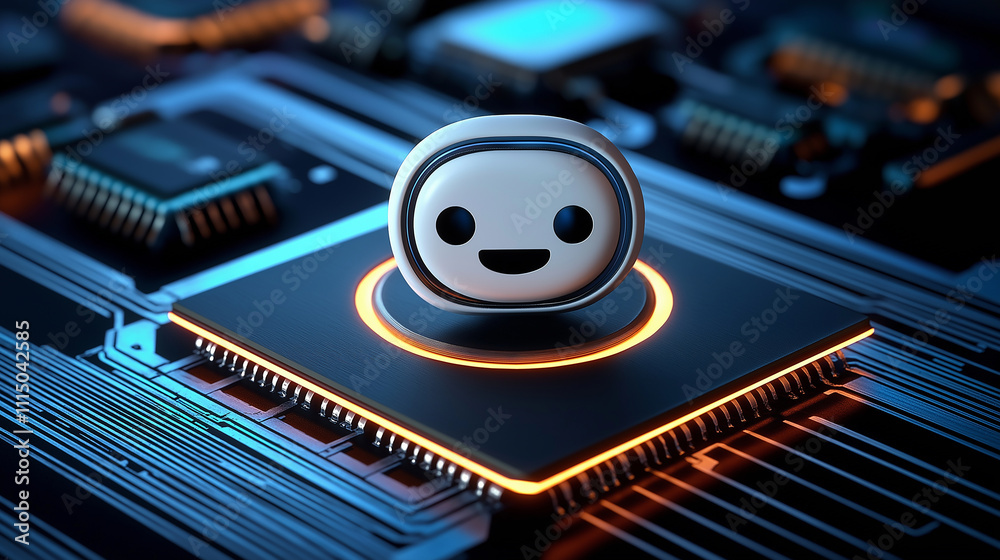 Poster Cute ai robot face smiling on computer processor: artificial intelligence and machine learning
