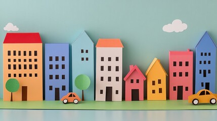 Fototapeta premium Colorful Paper Town Model with Playful Buildings, Trees, and Cars on a Soft Blue and Green Background, Perfect for Creative Projects and Educational Material