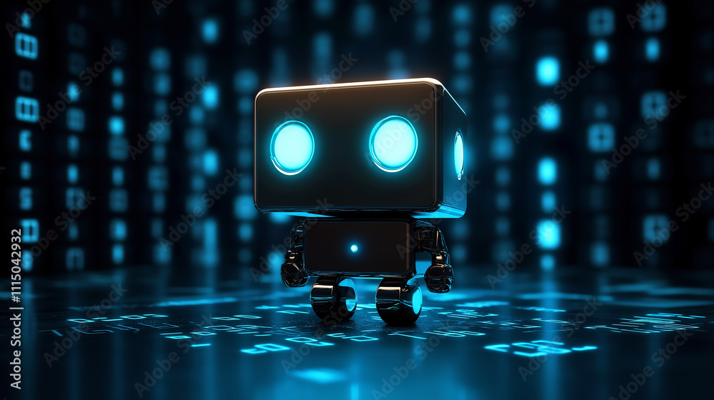 Leinwandbilder Cute robot exploring futuristic cyberspace environment with binary code data stream
