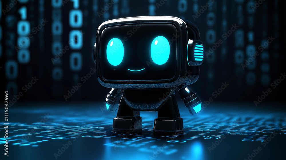 Leinwandbilder Cute robot exploring digital world with futuristic binary code background