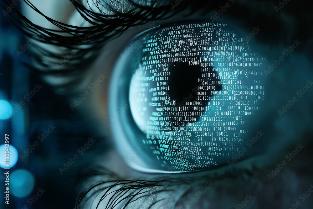 Poster Human eye reflecting binary code in futuristic digital display