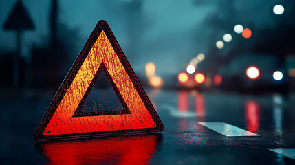 Red warning triangle on wet asphalt road at night with city lights blurred in background