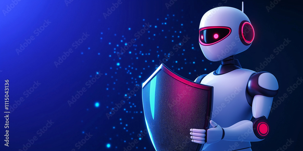 Poster White robot protecting data with shield on blue background
