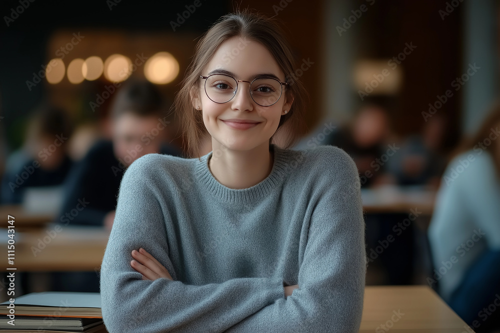 Poster Smiling student sitting with folded arms in university classroom