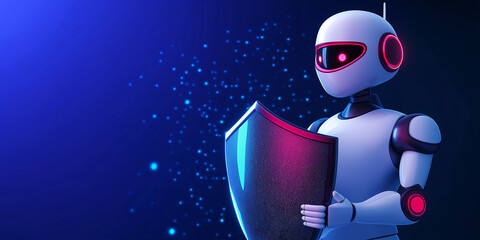 White robot protecting data with shield on blue background