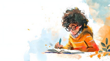 Naklejka premium Watercolor Painting cartoon character Doing homework