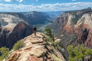 A hiker stands on a rocky ledge overlooking a vast canyon landscape under a blue sky.