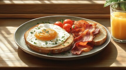 Delicious breakfast plate with eggs, bacon, and tomatoes