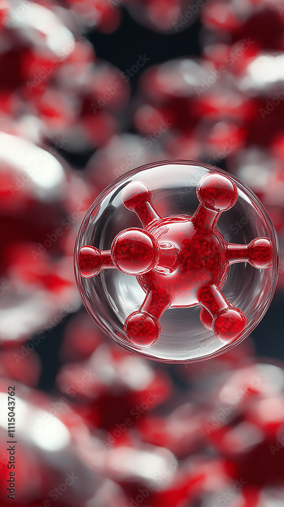 Poster red virus in transparent sphere floating among other viruses