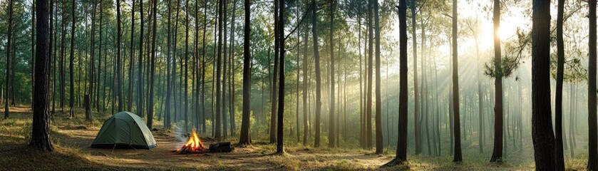 Obraz premium A serene camping scene in a forest with a tent and a glowing campfire.