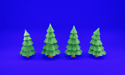 Obraz premium Christmas trees isolated on blue background. Image 3D rendering.