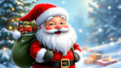 Santa Claus carrying gift bag on snow landscape background. Merry Christmas and new year wishes greeting card background with copyspace.