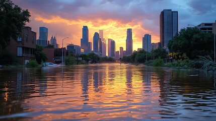 Fototapeta premium Flooding in a cityscape after a severe storm, demonstrating the destruction that rising water levels can cause in urban areas