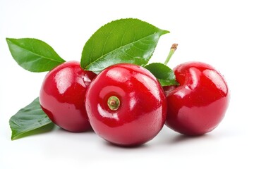 Obraz premium Trio of vibrant red acerola cherries with green leaves on white background