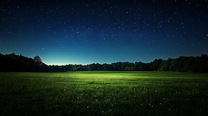 A vibrant green field extending to a horizon of trees and a luminous starry night