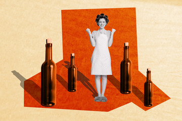 Composite photo collage of angry woman housemaid after-party trash bottle house cleaning hold duty isolated on painted background