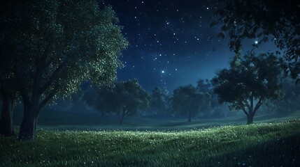 A tranquil landscape featuring a meadow surrounded by trees and a sparkling night sky