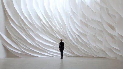 Impressive Architectural Interior with Flowing White Textures and Minimalist Human Figure in Abstract Space Surrounded by Soft Curves and Light
