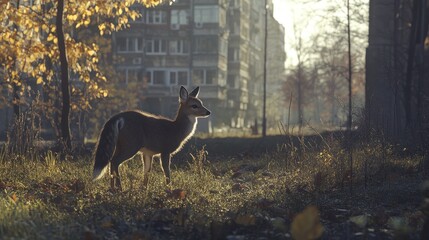 Fototapeta premium Urban Wildlife: A Deer in the City's Golden Hour