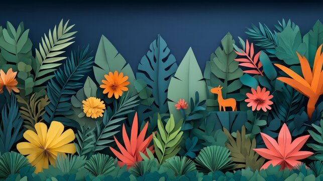 Vibrant Paper Cut Jungle Scene with Colorful Plants and a Stylish Deer, Perfect for Nature and Wildlife Themes in Creative Projects