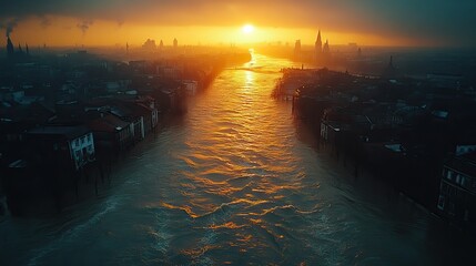 Floodwaters from the river rise and submerge large areas, illustrating the increasing frequency of extreme weather events related to climate change