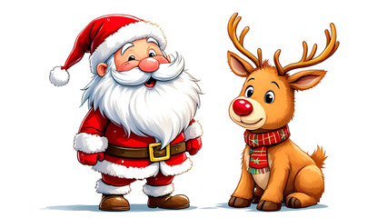 Cute cartoon Santa and reindeer illustration on white background for Christmas festival occasion.