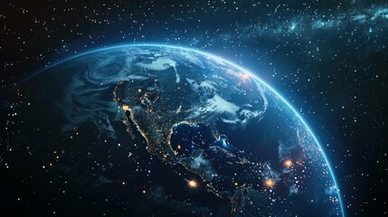 Obraz premium Stunning view of Earth from space, showcasing continents illuminated by city lights at night. Astounding cosmic scenery depicting the beauty of our planet.