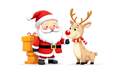 Cute cartoon Santa and reindeer illustration on white background for Christmas festival occasion.