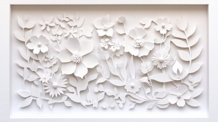 Intricate White Floral Paper Cut Design Featuring Diverse Blooms and Leaves, Perfect for Spring Decor and Minimalist Aesthetic Inspirations