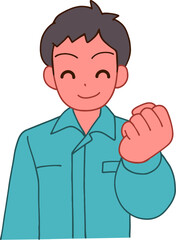 Fototapeta premium 作業服を着たガッツポーズする笑顔のデフォルメ男性のイラスト