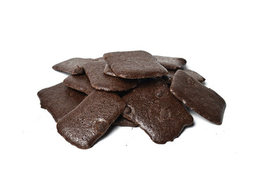 Close up view of of crispy chocolate brownies crackers isolated on a white background.