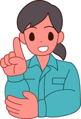 作業服を着た指をさす笑顔のデフォルメ女性のイラスト