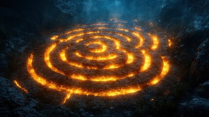 Glowing labyrinth in a mystical volcanic landscape