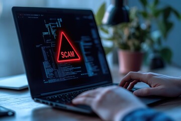 Digital risk alert: text Scam as cautionary message cyber fraud, phishing, internet deception, focusing on growing threats of online crime and need for security awareness, technological protection.