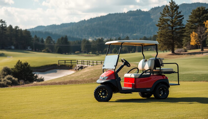 Golf Cart on a Scenic Golf Course, Perfect for Leisure and Sport Concepts.