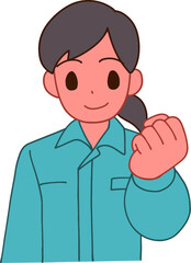作業服を着たガッツポーズする笑顔のデフォルメ女性のイラスト