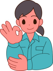 作業服を着たOKする笑顔のデフォルメ女性のイラスト