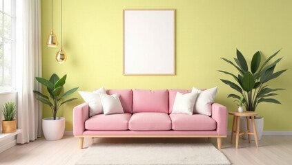Fototapeta premium Mock up poster frame in home interior design of modern living room. Pink sofa, bright accent pillows, and wooden furniture. 