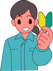 作業服を着た初心者マークを持つ笑顔のデフォルメ女性のイラスト