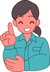 作業服を着た笑顔で指をさすデフォルメ女性のイラスト